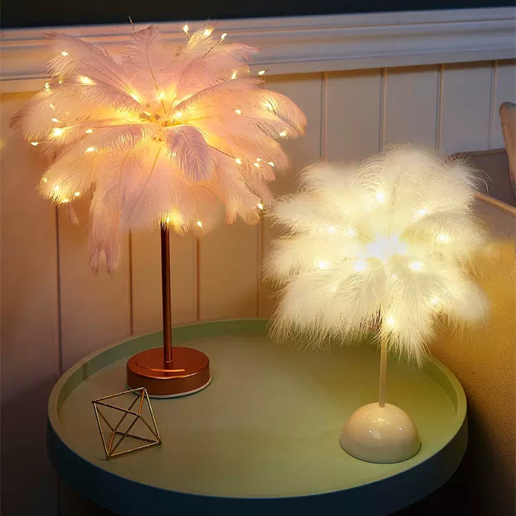 Feather Table Lamp Bedroom Ins Girl Bedside Lamp Creative Simple Modern Night Light Wedding Room Warm Decorative Lamp