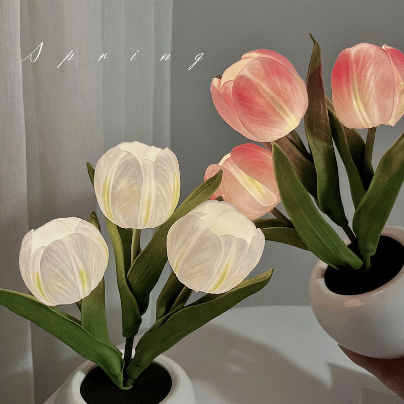 LED Tulip Night Light Bouquet Imitation Lamp Finished Ins Bedroom Decoration Atmosphere Dry Table Lamp Birthday Gift