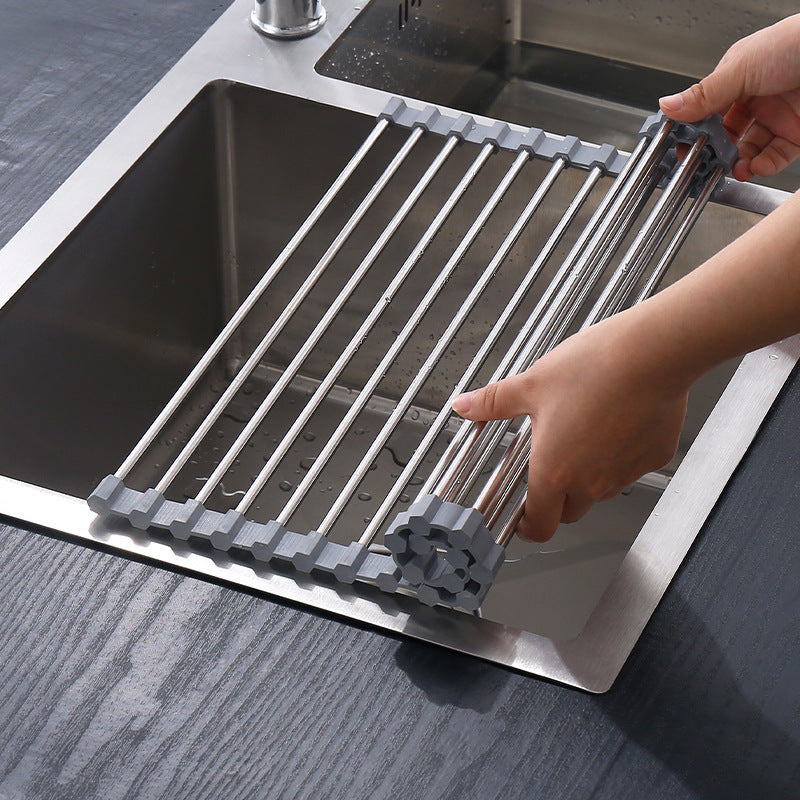 Kitchen Sink Foldable Drain Rack Stainless Steel Fruit And Vegetable Dishes Drain Basket Rolling Curtain Silicone Sink Drain Slices