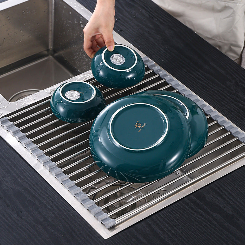 Kitchen Sink Foldable Drain Rack Stainless Steel Fruit And Vegetable Dishes Drain Basket Rolling Curtain Silicone Sink Drain Slices