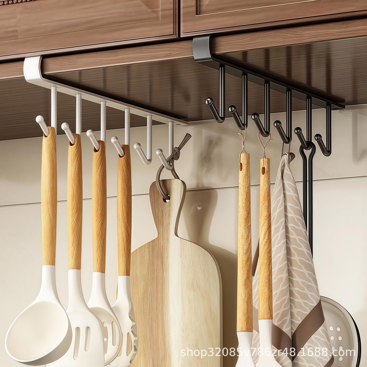 Home Kitchen Wrought Iron Cabinet Storage Rack Multi-function Row Hook Wardrobe Filing Rack Kitchen Seamless Nail-free Hook