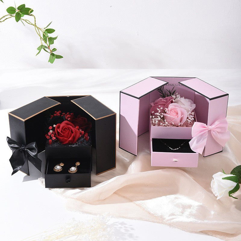 520 Double Door Rose Necklace Lipstick Packaging Box Bow Double Drawer Valentine's Day Gift Box