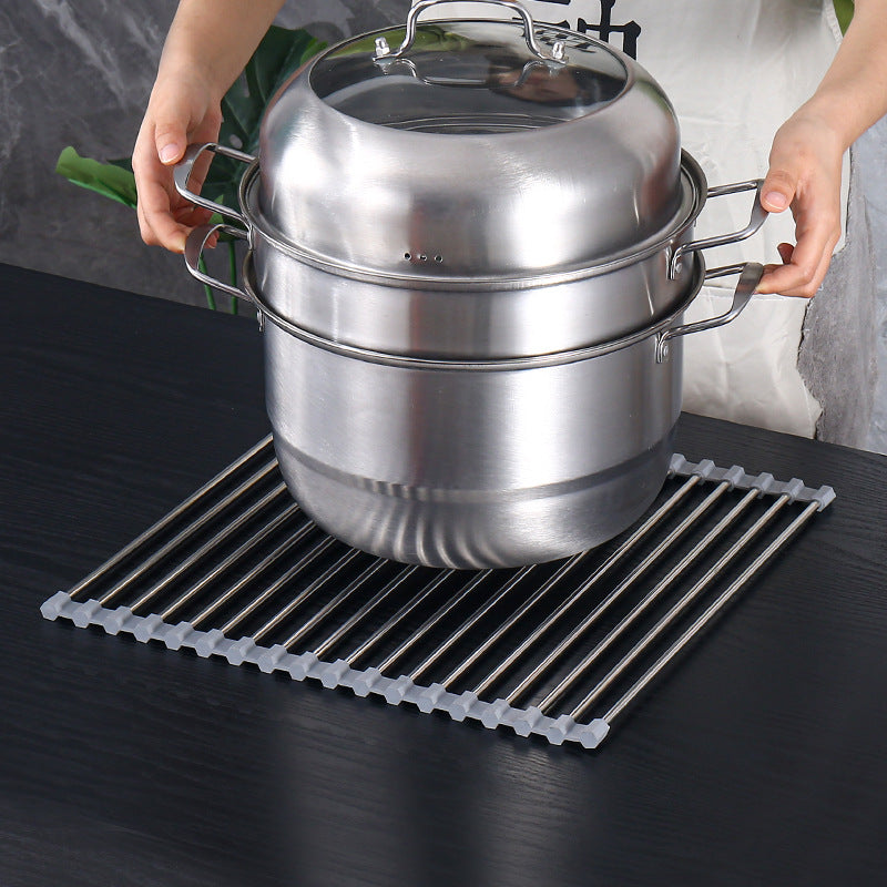 Kitchen Sink Foldable Drain Rack Stainless Steel Fruit And Vegetable Dishes Drain Basket Rolling Curtain Silicone Sink Drain Slices