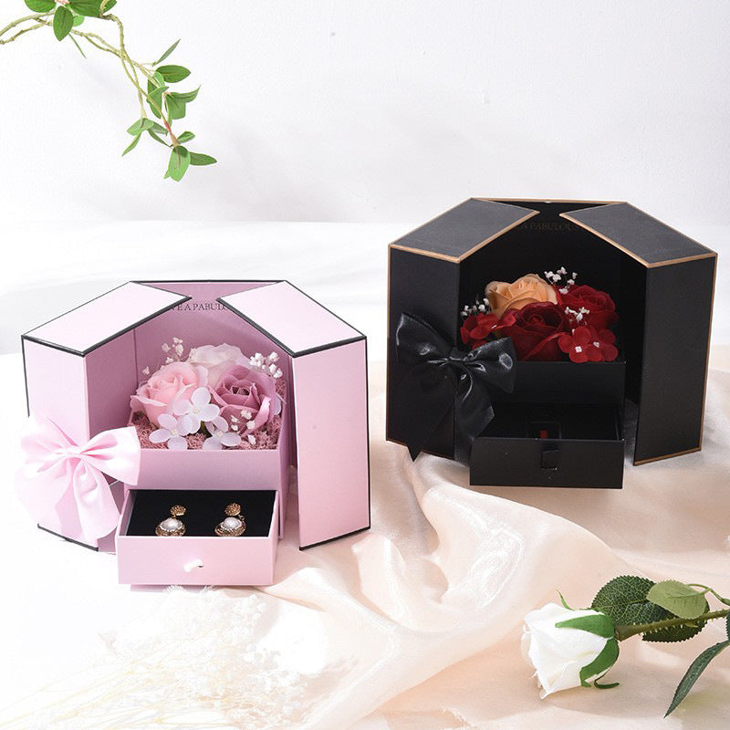 520 Double Door Rose Necklace Lipstick Packaging Box Bow Double Drawer Valentine's Day Gift Box