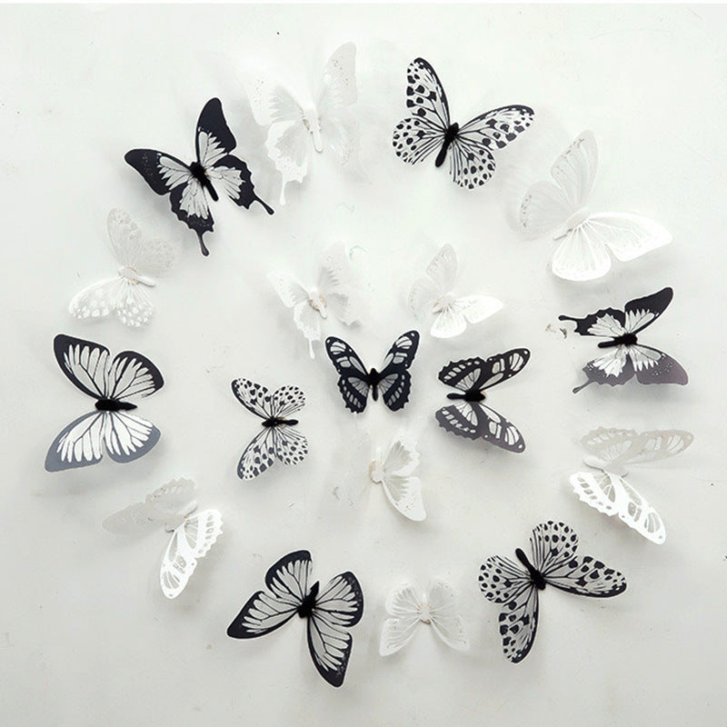 18 Black And White Color Glitter Three-dimensional Butterfly Wall Stickers Living Room Bedroom Wall Decoration Stickers Wall Layout Creative