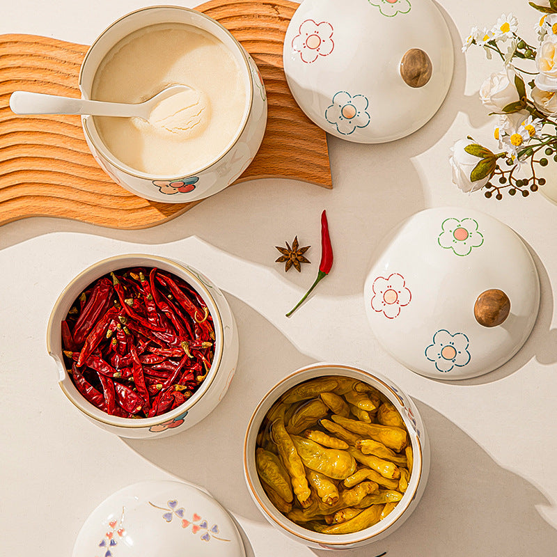 Hog Oil Tank With Lid And Spoon Household Ceramic High Temperature Resistant Kitchen Meat Oil Tank Cute Creative Chili Oil Spice Tank