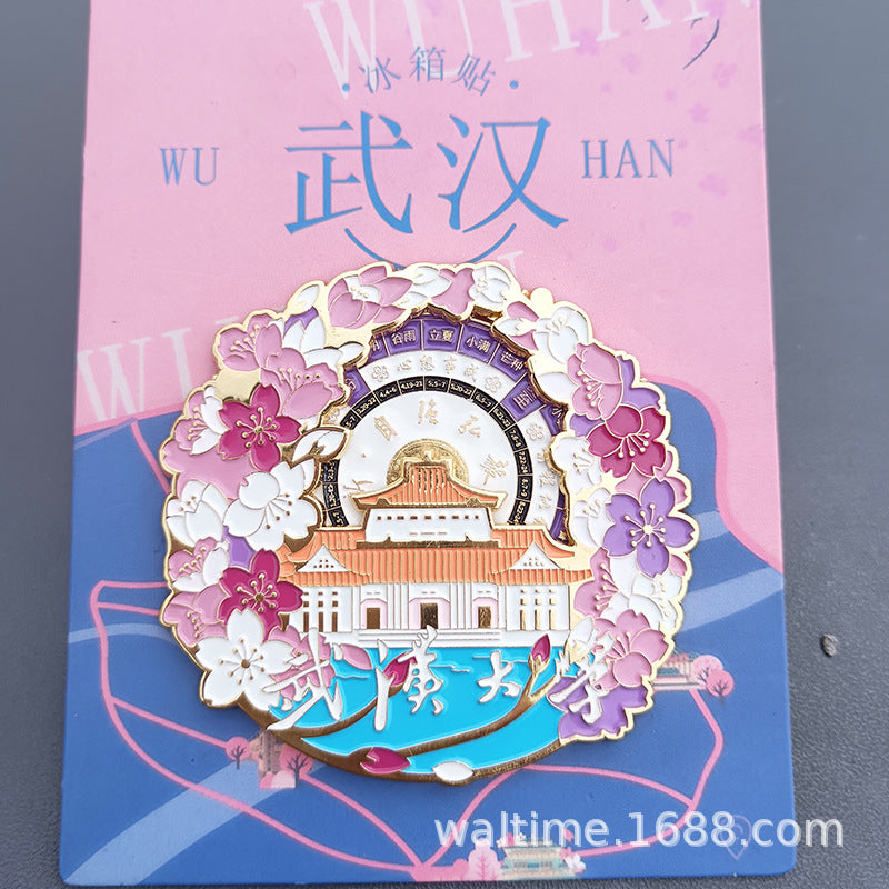 New Wuhan University Rotary Refrigerator Stickers Cherry Blossom Paint Metal Gift Magnetic Refrigerator Stickers Crafts