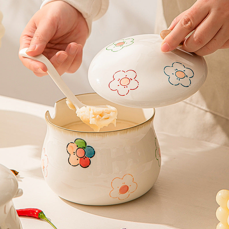 Hog Oil Tank With Lid And Spoon Household Ceramic High Temperature Resistant Kitchen Meat Oil Tank Cute Creative Chili Oil Spice Tank
