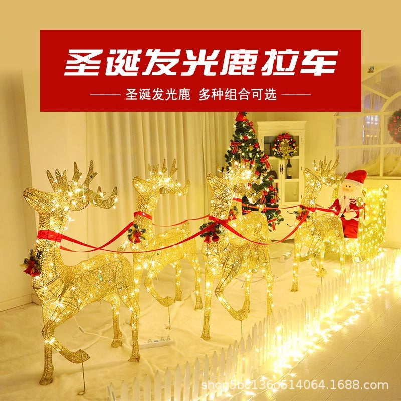 Christmas Glowing Elk Sleigh Iron Art Santa Claus Decoration Large Ornament Sleigh Decoration Scene Setup