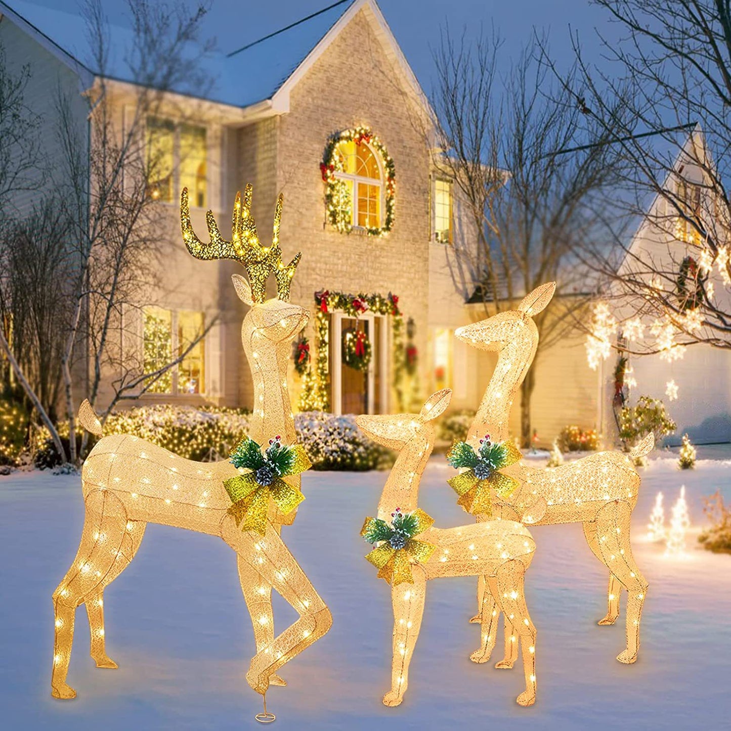 3 Pieces Christmas Lights Reindeer Decoration Outdoor Deer Family With Warm White LED Lights Garden Ground Plug Garden Decorations
