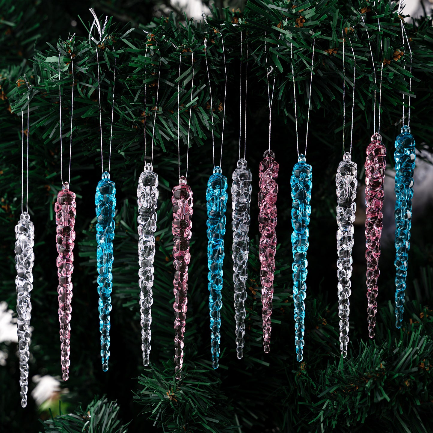 Haobei Christmas Decoration Supplies Transparent 12Pcs Crushed Ice Pendants Acrylic Transparent Ice Cones Ice Hanging Ornaments