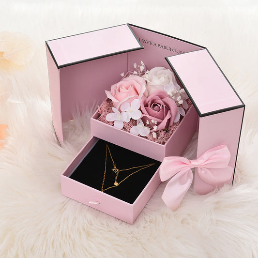 520 Double Door Rose Necklace Lipstick Packaging Box Bow Double Drawer Valentine's Day Gift Box