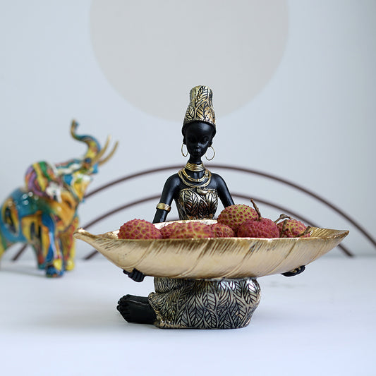 Cross-border African Black Women Fruit Plate Resin Household Fruit Plate Ornaments Thai Style Desktop Storage Decorations