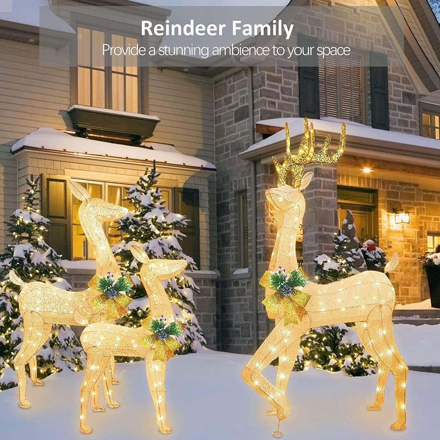 3 Pieces Christmas Lights Reindeer Decoration Outdoor Deer Family With Warm White LED Lights Garden Ground Plug Garden Decorations
