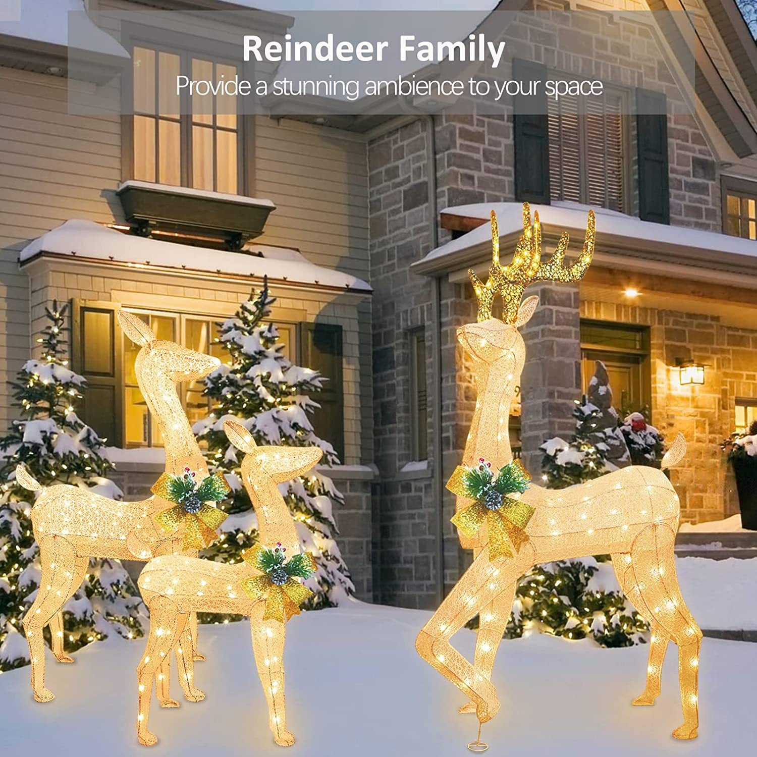 3 Pieces Christmas Lights Reindeer Decoration Outdoor Deer Family With Warm White LED Lights Garden Ground Plug Garden Decorations