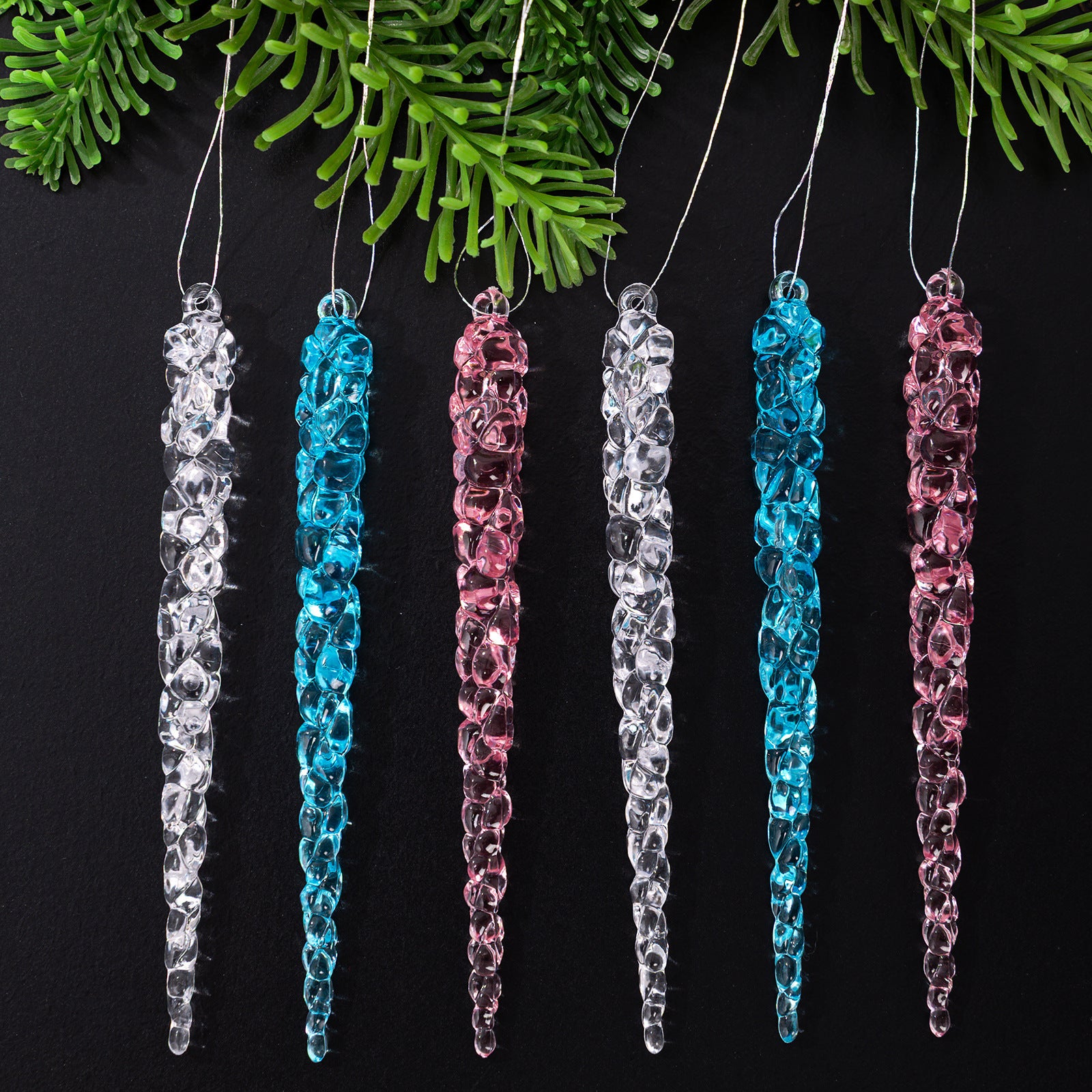 Haobei Christmas Decoration Supplies Transparent 12Pcs Crushed Ice Pendants Acrylic Transparent Ice Cones Ice Hanging Ornaments