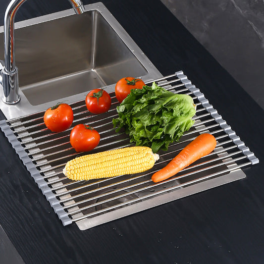 Kitchen Sink Foldable Drain Rack Stainless Steel Fruit And Vegetable Dishes Drain Basket Rolling Curtain Silicone Sink Drain Slices