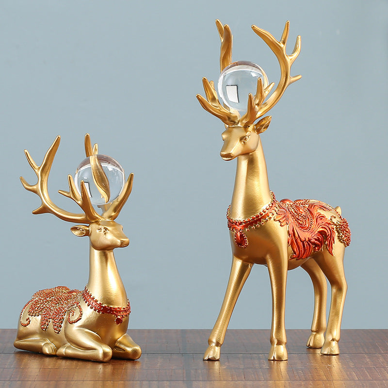 Creative New Chinese Style Sun Pattern Resin Crafts Living Room TV Cabinet Study Room Decoration Golden Deer Ornaments