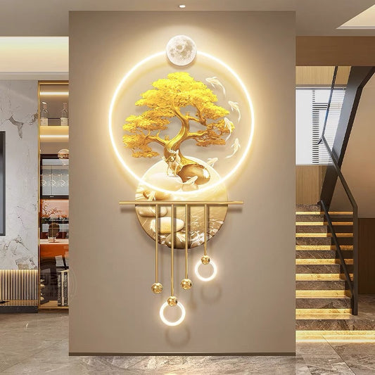 Fu Lu Yu Hallway Decorative Painting New Chinese Style Hanging Painting At The End Of The Corridor High-grade Sense Three-dimensional Light Luxury Light-emitting Wall Lamp Painting