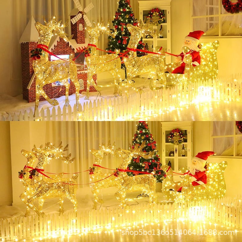 Christmas Glowing Elk Sleigh Iron Art Santa Claus Decoration Large Ornament Sleigh Decoration Scene Setup